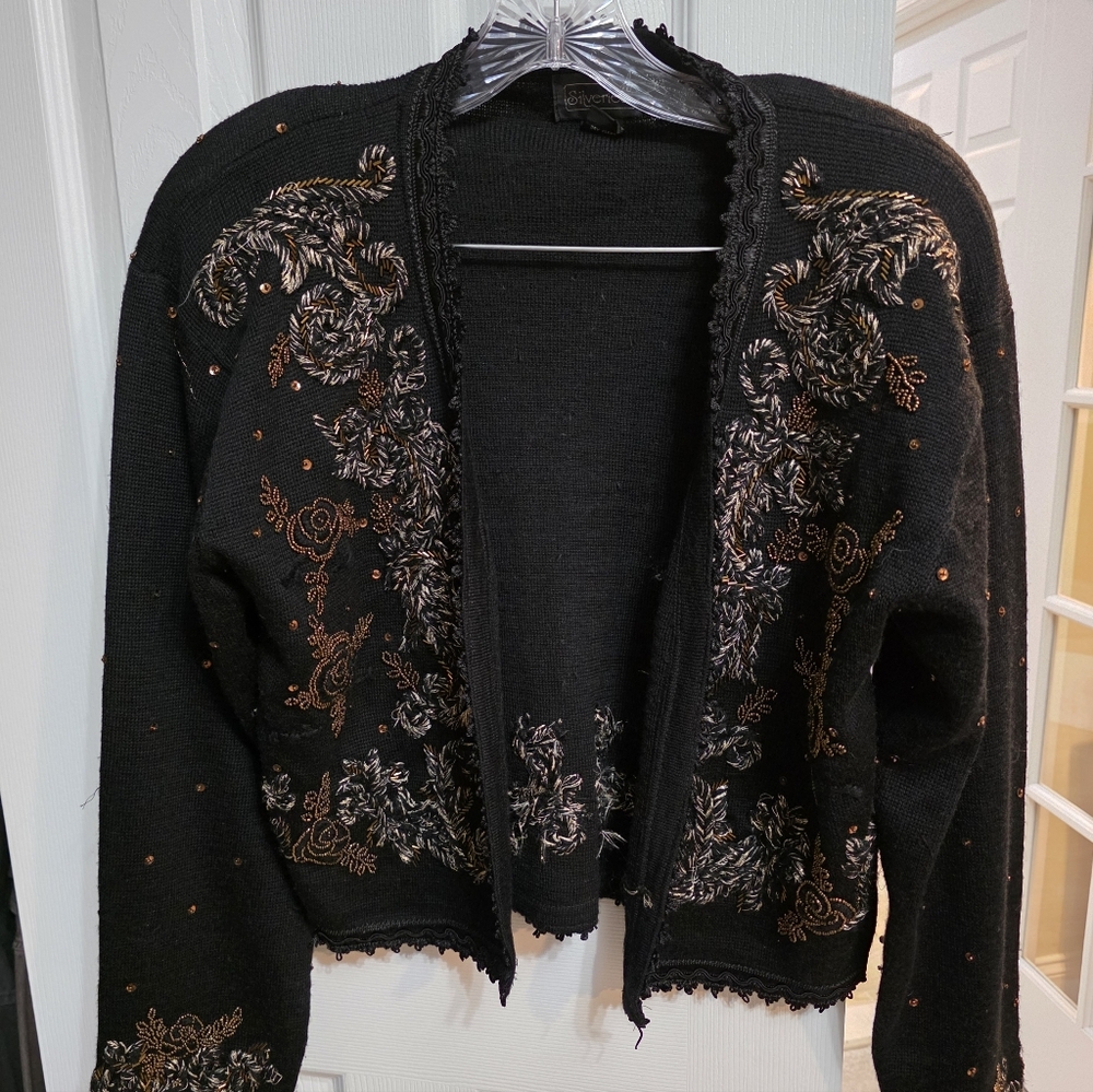 Embroidered Black Beaded Open Cardigan Sweater